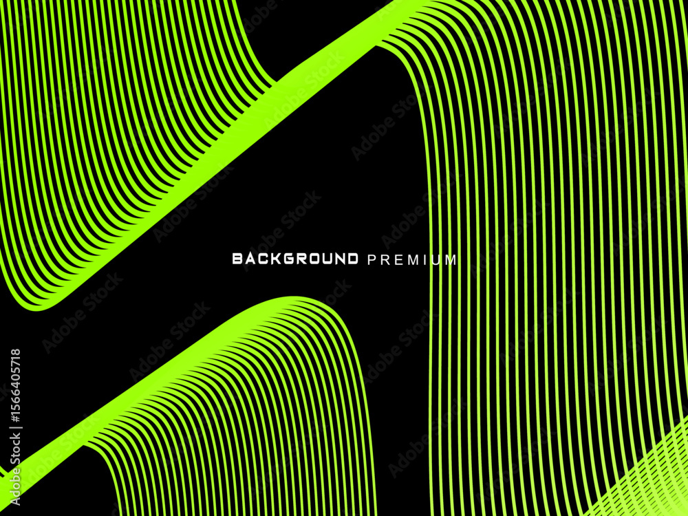 Fototapete background pattern of bright green neon stripes that curve and wavy dynamically on a black backgroun