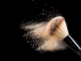 Makeup brush with powder explosion against a black background