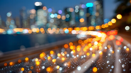 Fototapeta premium Nighttime cityscape with blurred lights creating a vibrant bokeh effect, showcasing urban life and energy in a dynamic environment. Selective focus