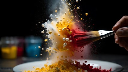 A red paintbrush releases a vibrant explosion of red, yellow, and white powder