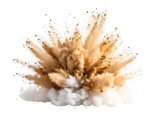 Voluminous cloud of beige powder and shimmering grains bursts outward with intense energy.