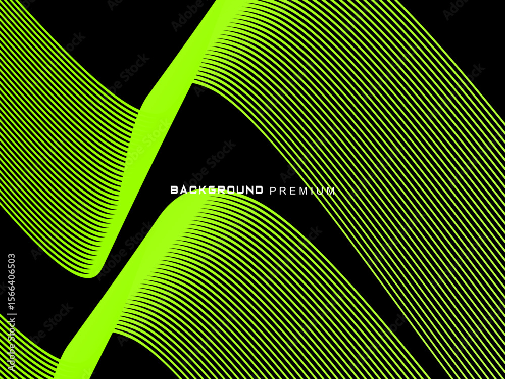 Fototapete background pattern of bright green neon stripes that curve and wavy dynamically on a black backgroun