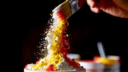 A paintbrush releases a vibrant explosion of red, yellow, and white powder