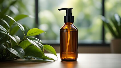 Amber bottle with pump dispenser next to green leaves