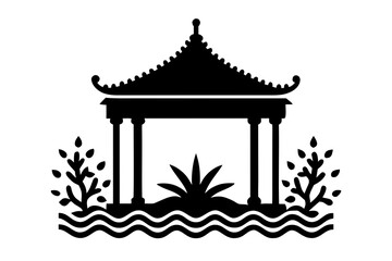 Fototapeta premium Asian Garden Pavilion Icon with Water and Foliage
