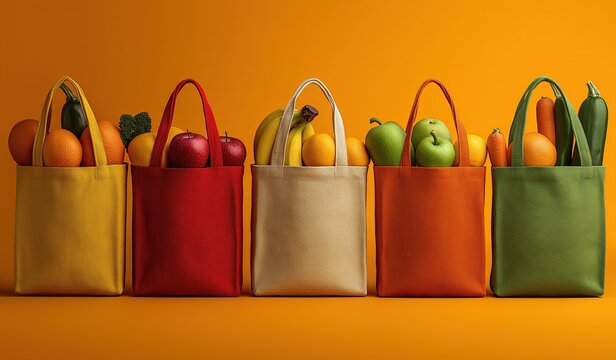 Stylish row of colorful reusable grocery bags filled with fresh produce against vibrant orange backdrop, featuring textured stitching details and a clean green canvas tote for branding space