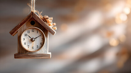 Wooden cuckoo clock hanging in a cozy setting with soft light illuminating the background, showcasing craftsmanship and rustic charm. Selective focus