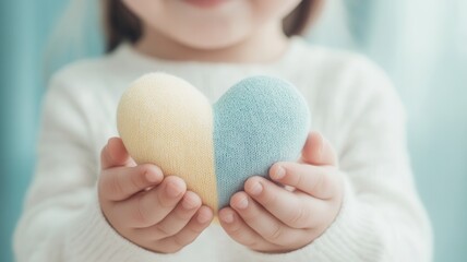 Closeup child clutching heart shaped pillow featuring ukrainian flag colors, backlit with soft golden illumination