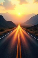 Endless Asphalt Road Journey Sunlit Path to Adventure Across a Hazy Horizon