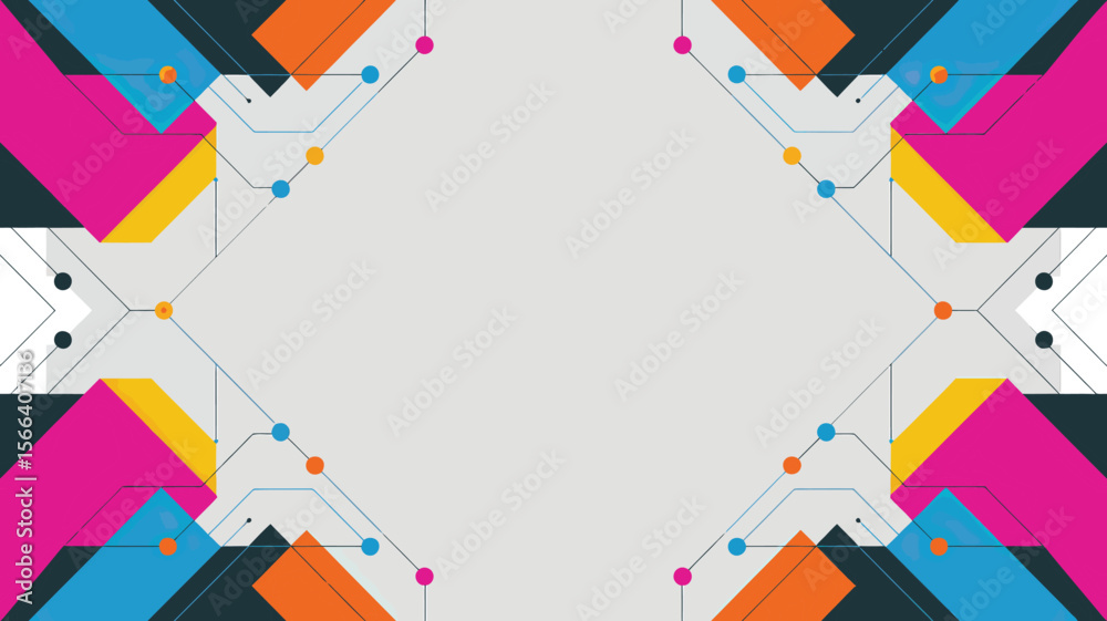 Poster a symmetrical abstract design featuring colorful geometric shapes and connecting lines on a light ba