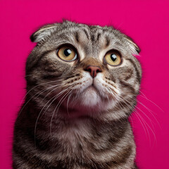 Cute Scottish Fold Cat with Curious Expression on Bright Pink Background