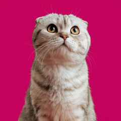 Close-Up of a Scottish Fold Cat Looking Up on Pink Background