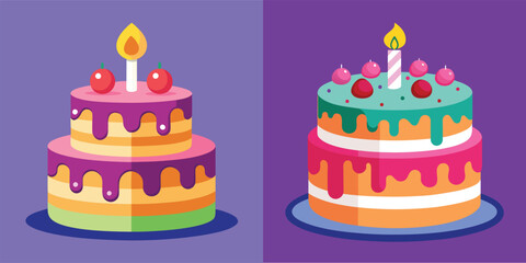 Two colorful birthday cakes with candles and toppings on purple backgrounds