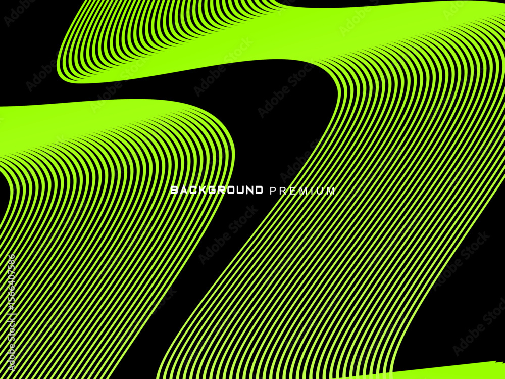 Fototapete background pattern of bright green neon stripes that curve and wavy dynamically on a black backgroun