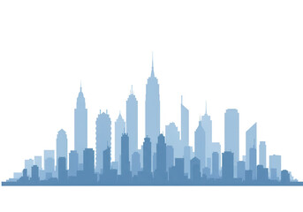 Fototapeta premium A blue city skyline silhouette with various buildings and towers, isolated on transparent background