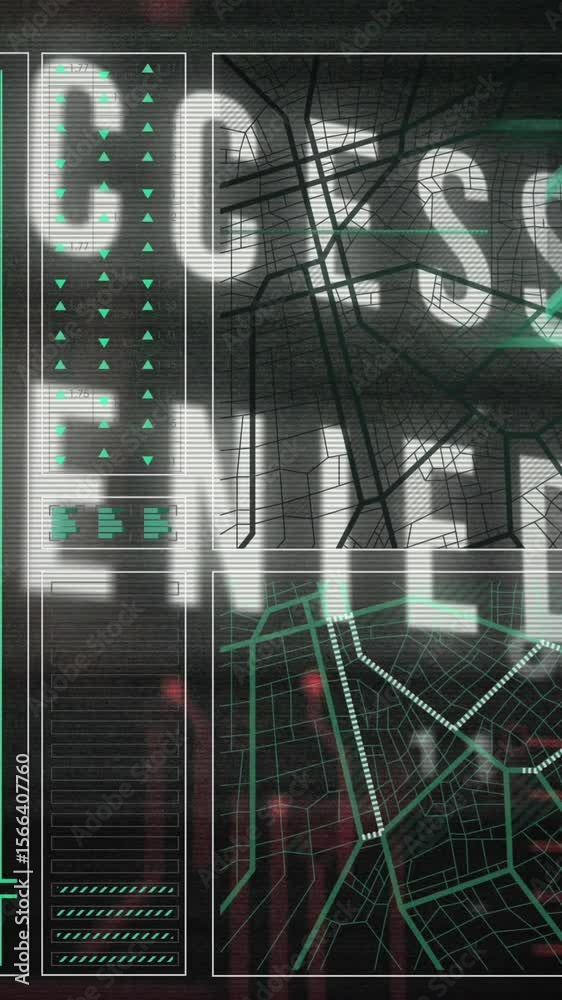 Poster animation of access denied text, graph, lines, navigation pattern over binary codes