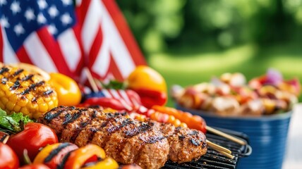 Vibrant barbecue setting showcasing grilled meats, fresh vegetables, and a patriotic theme with american flags in a sunny backyard