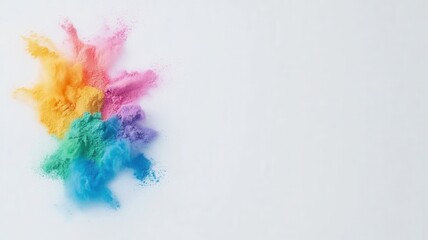 Fototapeta premium Vibrant holi powder exploding in multicolored bursts, splattering dynamic rainbow pigments across pristine white surface