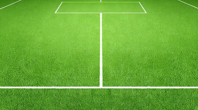 Lush green soccer field with marked white lines, featuring a vibrant grass surface, ideal for sports events, training sessions, and outdoor activities, showcasing a pristine athletic environment