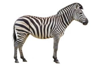 A zebra with black and white stripes stands isolated on a white background