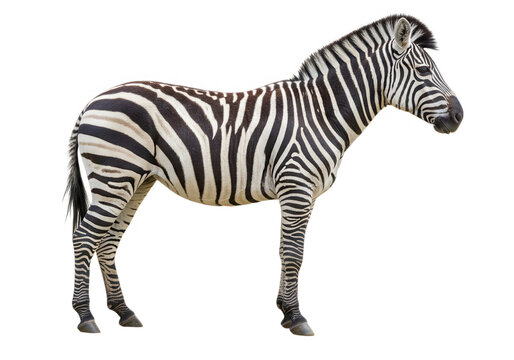 A zebra with black and white stripes stands isolated on a white background