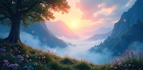 A serene landscape bathed in ethereal light, evoking a sense of spiritual wonder and boundless imagination Perfect for meditation, fantasy, or new age concepts , healing, dusk, light