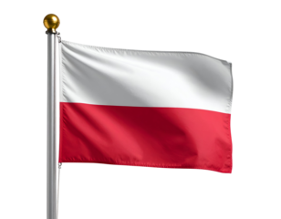 A vibrant red and white fabric flag proudly waves on a tall flagpole, symbolizing national identity.