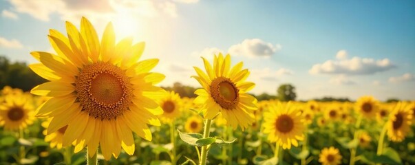 Ready for a sunny day, vibrant yellow sunflowers bask in the golden light, their petals unfurling towards the bright sky A scene of pure, joyful summer energy , close up, floral, cheerful
