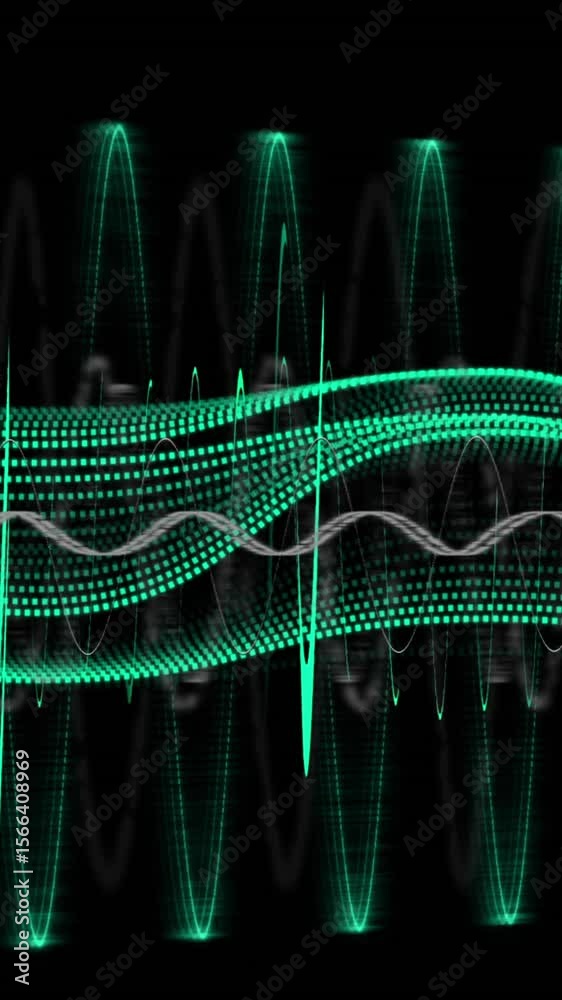 Poster animation of dots forming dynamic wave pattern over circular patterns against black background