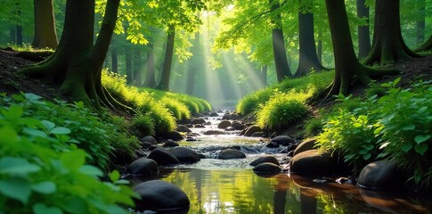 Serene woodland scene featuring a gently flowing brook nestled amongst lush green foliage and dappled sunlight Perfect for nature, tranquility, and environmental themes , untouched nature, natural