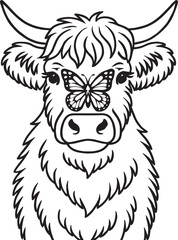 Highland Cow Line Art with Butterfly on Nose &ndash; Intricate Black and White Illustration