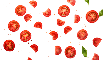 Sliced tomatoes and basil leaves create a fresh vibrant food isolated on transparent background