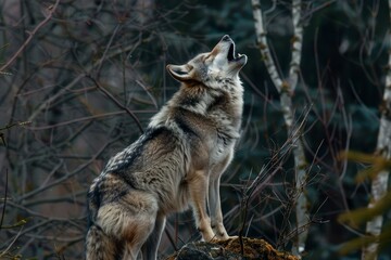 Obraz premium Grey wolf standing on a rock and howling in a forest