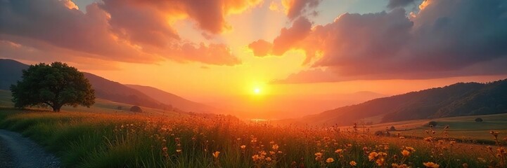 A serene sunrise over a tranquil landscape, evoking feelings of peace, hope, and spiritual renewal, symbolic of faith and divine presence , belief, heaven, life