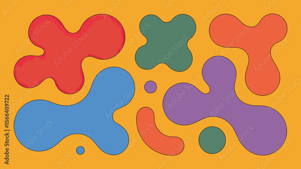 Poster abstract pattern with multicolored shapes and circles on a yellow background in a retro style