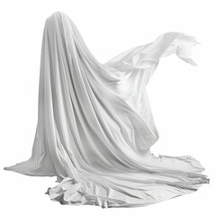 White cloth draped over a ghostly figure, flowing in the wind against a white background, creating a spooky and mysterious atmosphere