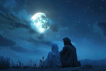 Clear Pixel Visual of a Muslim Family Gazing Up at the Night Sky and the Moon, Copy Space,