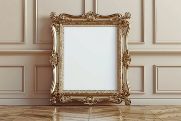 High Definition View of Ornate Frame on a Wood Floor in a Room with Beige Paneled Walls