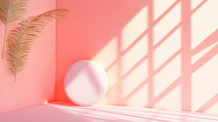 Minimalist Pink Interior Corner with Soft Round White Sphere, Elegant Shadow Lines, Golden Leaf Decor, Daylight Composition, and 3D Abstract Geometry in a Calm Ambient Scene