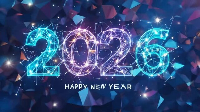 2026 Happy New Year with Christmas in Abstract low poly wire frame style. geometric background Celebrate the party 2026. 4k video
