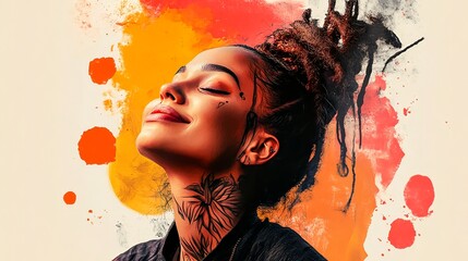 Smiling woman with dreadlocks in front of vibrant orange splash