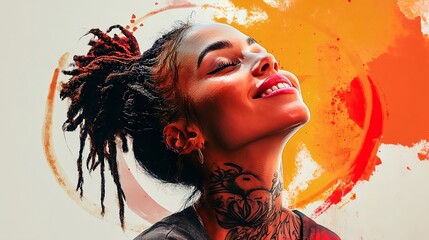 Smiling woman with dreadlocks in front of vibrant orange splash
