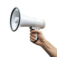 Hand holding a megaphone for public announcements at a rally or event, Hand Holding a Megaphone  Publicity Alert, white background