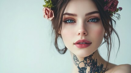Modern woman with floral crown and neck tattoo looking confident