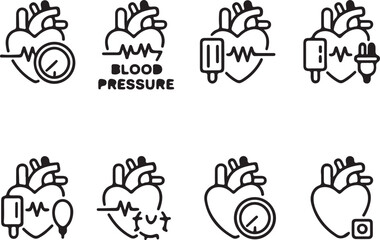 heart and blood pressure icon collection, modern medical vector set with monitor, pulse, plug, and wellness symbols