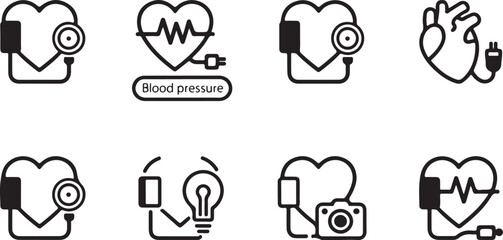 blood pressure and heart monitoring icon set, medical diagnostic symbols with heart, cuff, camera, and creativity elements