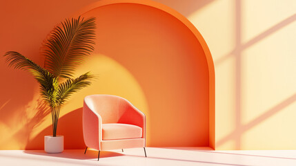 Vibrant Orange Chair in Minimalist Room with Striped Wall and Soft Sunlight