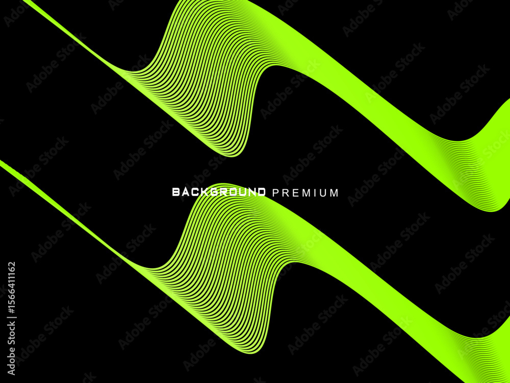 Fototapete background pattern of bright green neon stripes that curve and wavy dynamically on a black backgroun