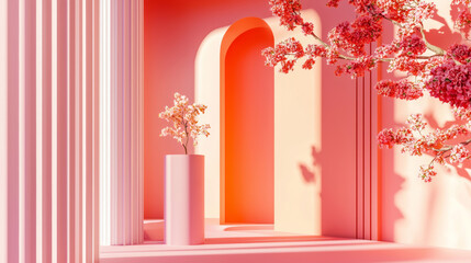 Minimalist Pink Interior with Cherry Blossom Tree, Soft Lighting, Curved Archway, Elegant Modern Design, Clean Lines, Serene Atmosphere, Contemporary Architecture, Vibrant Soft Shadows
