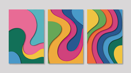 Obraz premium Three abstract colorful layered paper cut designs with wavy shapes on a light gray background wall art